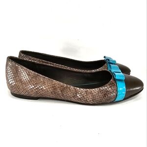 Bruni Brown Snake Skin Embossed, Slip On Comfort Ballet Flats. Women's Size 7M